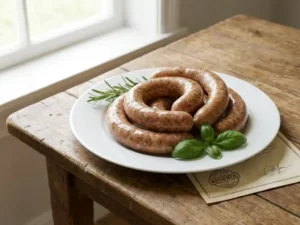 Alginate-cased sausages on plate with herbs and certification document under natural light, highlighting culinary authenticity.