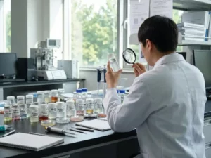 Scientist in lab coat examining alginate sample with magnifying glass on lab desk, bright daylight through window.
