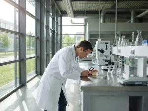 Scientist in lab coat examines alginate sample in industrial lab with instruments on table, natural light through window.