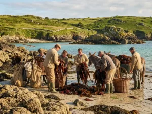 Coastal workers harvesting alginate-rich seaweed with eco-friendly tools, azure waters, and green hills in the background.