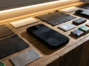 Modern matte black smartphone case on wooden stand with leather, metal, and plastic samples, soft ambient lighting highlighting textures.