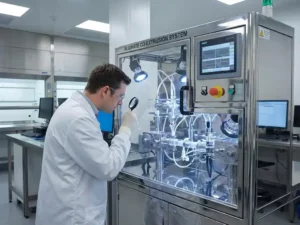 Technician examining high-tech alginate co-extrusion machine in modern lab, intricate components gleaming under bright lighting.
