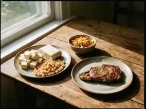Wooden kitchen table with tofu, tempeh, chickpeas, and steak on rustic plates, colorful veggies in center, sunlight casting shadows.