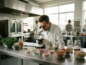 Lab technician examines alternative protein samples with vibrant vegetables in a modern industrial kitchen, soft natural lighting.