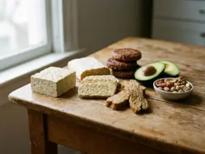 Colorful alternative proteins like tofu, tempeh, and plant-based patties on rustic table with avocado, nuts, and soft lighting.
