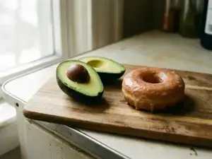 Ripe avocado sliced open with vibrant green flesh next to a glazed doughnut on a wooden board in soft natural sunlight.