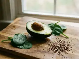 Fresh avocado halved on wooden board with spinach and quinoa, highlighting natural textures under soft light.