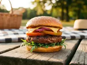 Grilled burger with fresh greens and tomato on sesame bun, set on rustic table in warm sunlight, picnic vibe.