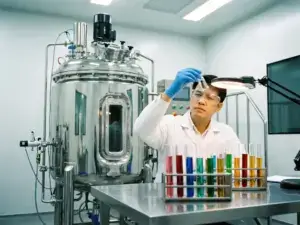 Scientist in lab coat examines protein samples under bright lab lighting, beside stainless steel fermentation tank and colorful test tubes.
