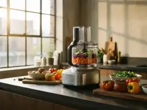 High-tech food processor on a futuristic countertop preparing a vibrant vegetable dish, surrounded by fresh produce in warm sunlight.