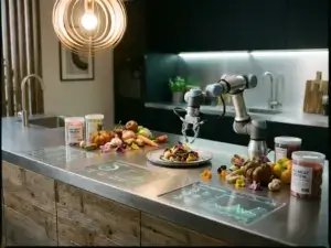 Robotic arm plating gourmet dish on futuristic kitchen countertop with digital screens, fresh vegetables, and lab-grown meat.