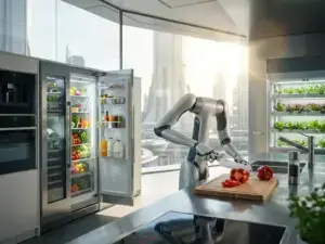 Robotic arm slicing vegetables in a high-tech kitchen, smart fridge with vibrant produce, sunlight through window, photorealistic.