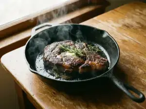 Grilled steak with char in cast iron skillet, surrounded by herbs and butter, on wooden table with warm, ambient lighting.