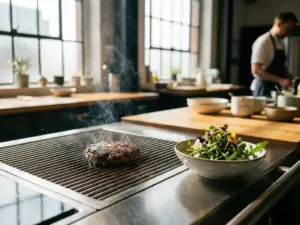 Gourmet insect protein burger on grill with salad, modern kitchen, natural light, emphasizing alternative protein sources.