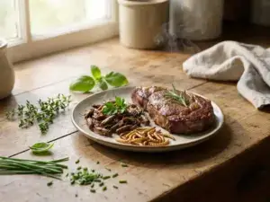 Cooked insect protein and steak on wooden counter with fresh herbs, steam rising, natural light, detailed textures, cinematic depth.