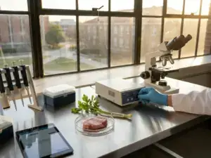 Petri dish with lab-grown meat and biofortified crop on lab table, scientist adjusting settings, sunlight through window.