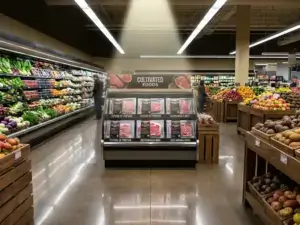Lab-grown meat display in grocery aisle with fresh fruits, vegetables; photorealistic detail under soft fluorescent lighting.