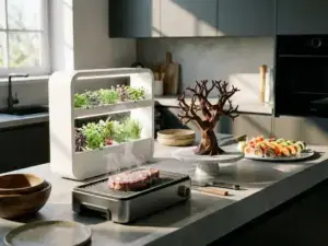 Modern kitchen countertop with lab-grown steak, microgreens, 3D-printed chocolate, plant-based sushi, sunlight, cinematic detail.