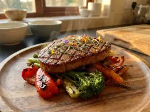 Mycoprotein steak seared with fresh herbs on wooden plate, surrounded by colorful vegetables; cozy kitchen, warm lighting.