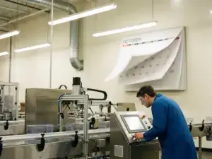 Modern packaging line with sleek machinery, technician at control panel, calendar pages fluttering, bright industrial lighting.