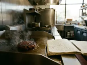 Plant-based burger patty sizzling on grill next to research lab notebook, in a modern kitchen with natural lighting.