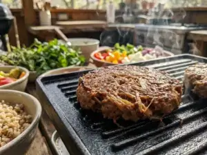 Plant-based protein patty sizzling on grill with steam, detailed fibers, and fresh vegetables, emphasizing realistic texture.