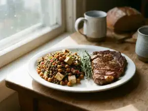 Vibrant plant-based proteins and cooked steak on wooden table with herbs, natural light, eye-level view, shot on 35mm film.