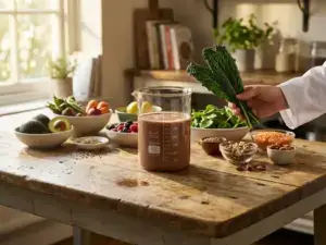 Lab beaker with rich protein shake on a wooden table with vibrant plant-based foods, scientist holding leafy green, sunlight highlights.