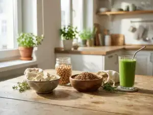 Wooden table with tofu, lentils, chickpeas, and green smoothie, sunlit kitchen background, gentle shadows, cinematic depth.