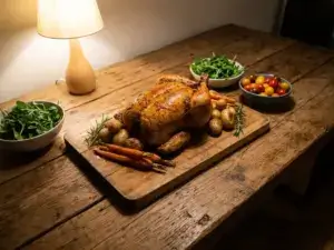 Roasted chicken on rustic table with colorful vegetables, warm golden lighting, and detailed textures creating inviting shadows.