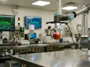 Robotic arm precisely handling ripe apple in high-tech lab, surrounded by sensors and monitors on stainless steel surfaces.