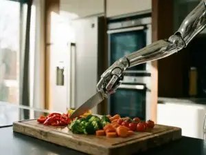 Robotic arm with chef's knife over fresh vegetables on a cutting board in a modern kitchen, warm light, cinematic depth.