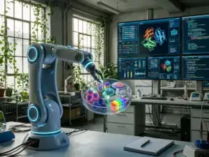 AI robotic arm handling petri dish with colorful GMO food samples, data screens in background, natural light, photorealistic style.