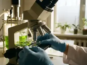 Scientist examining green algae under microscope with bioreactor in background, natural light, vivid colors, 35mm film shot.