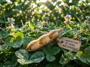 Ripe soybean pod open with beans on green leaves, dew drops, sunlight filtering, symbolizing sustainability and natural abundance.