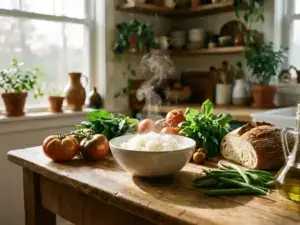 Steaming rice in a bowl on a wooden table with fresh tomatoes, green vegetables, and bread, lit by warm natural light in a cozy kitchen.