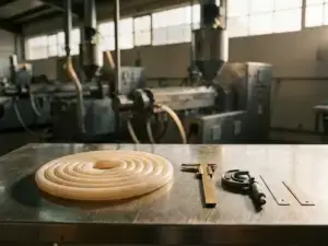 Smooth alginate casing coiled on factory table with measuring instruments, blurred machinery, warm light through windows.