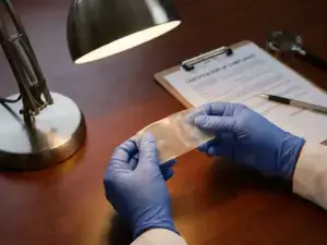 Inspector's hands examining translucent alginate casing under lamp, with certification documents on wooden table in background.