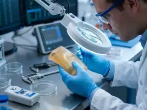 Technician examines alginate casing under lab lights, surrounded by quality control instruments, highlighting precision and scrutiny.