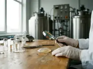 Scientist examines alginate casing under magnifying glass; organized lab tools and blurred industrial equipment in background.