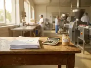 Wooden desk with financial documents, calculator, and jar of alginate casings in food manufacturing facility with natural light.