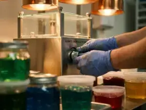 Technician adjusts alginate casing machine, colorful materials, industrial lights, rich textures, cinematic depth, 35mm film.