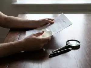 Hands holding alginate casing and contract on wooden table with magnifying glass and pen, soft lighting, photorealistic detail.