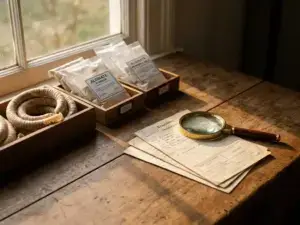 Natural casings and alginate on a wooden desk with traceability documents, magnifying glass, pen, and soft afternoon light.