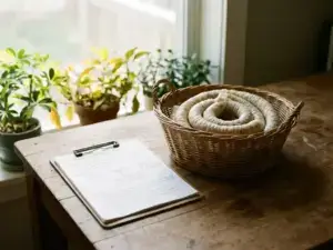 Natural sausage casings in a basket on a wooden table, clipboard with contingency plan, leafy plants, soft light, photorealistic.