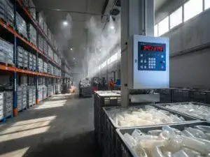 Refrigerated warehouse with stacked alginate casings, temperature control panel, mist, and sunlight through high windows.