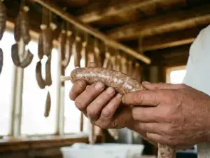 Hands holding an alginate-cased sausage, with natural casings in a rustic curing room, highlighting textures in warm light.
