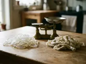Translucent alginate and natural sausage casings on wooden table with measuring scale, captured in soft light with cinematic depth.