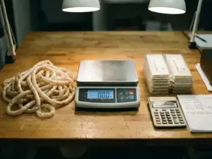 Digital scale on wooden table with natural and alginate sausage casings, calculator, and notepad under soft office lighting.