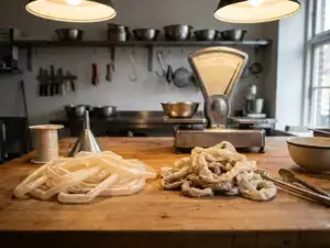 Sausage casings on wooden table, smooth alginate and natural types, with kitchen tools and scale, under soft lighting.